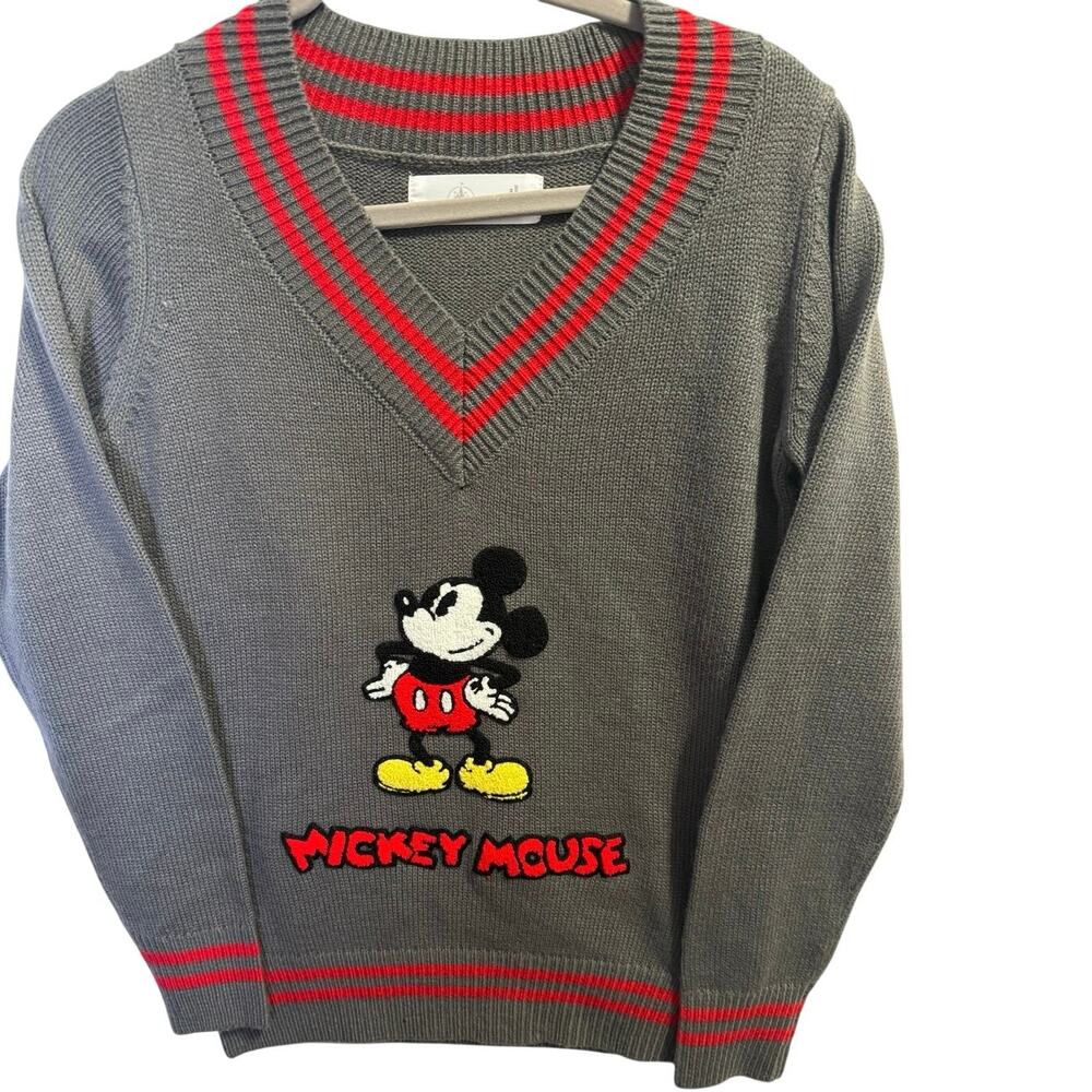 Disney Mickey Mouse Sweater Womens Small‎ Gray V-Neck Knit Pullover Striped